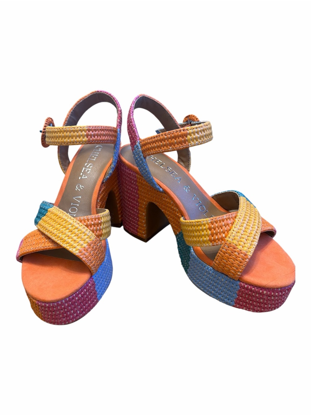 Chelsea & Violet Raffia Platform Block Heel Sandals Multicolor Women’s 6.5M